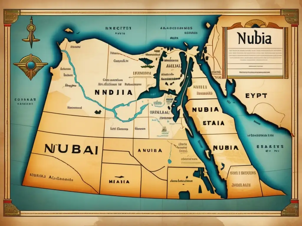 Mapa antiguo detallado de Nubia y Egipto con colores desvanecidos y textura de papel envejecido