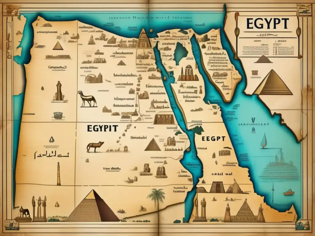 Un mapa antiguo y detallado de Egipto, con ilustraciones e anotaciones intrincadas de los sitios arqueológicos y tumbas