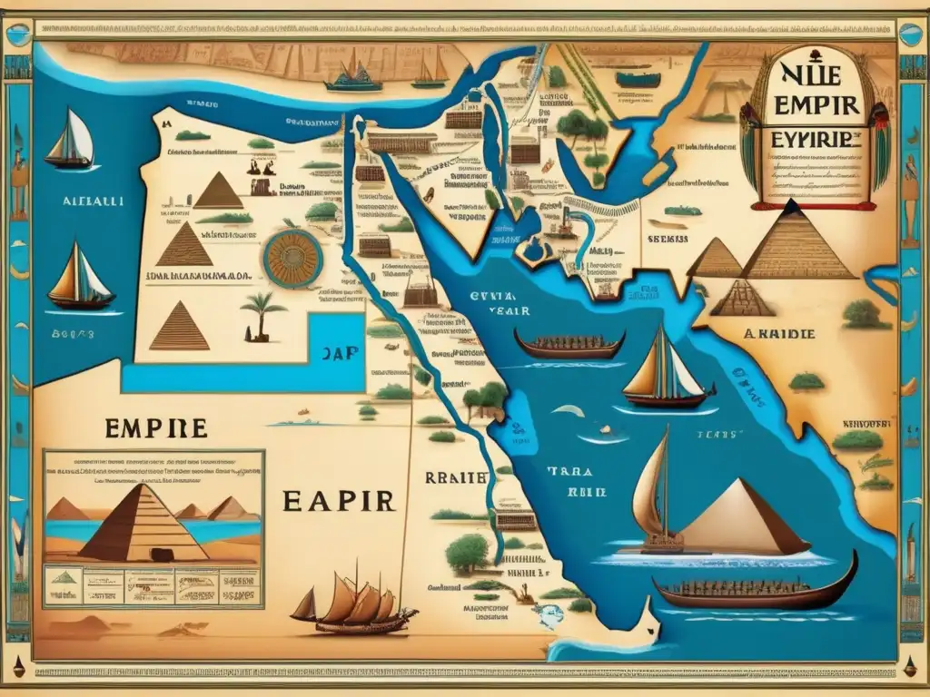 Mapa antiguo del imperio egipcio: expansión, pirámides y rutas comerciales Un mapa antiguo detallado de Egipto muestra la expansión del imperio más allá del Nilo