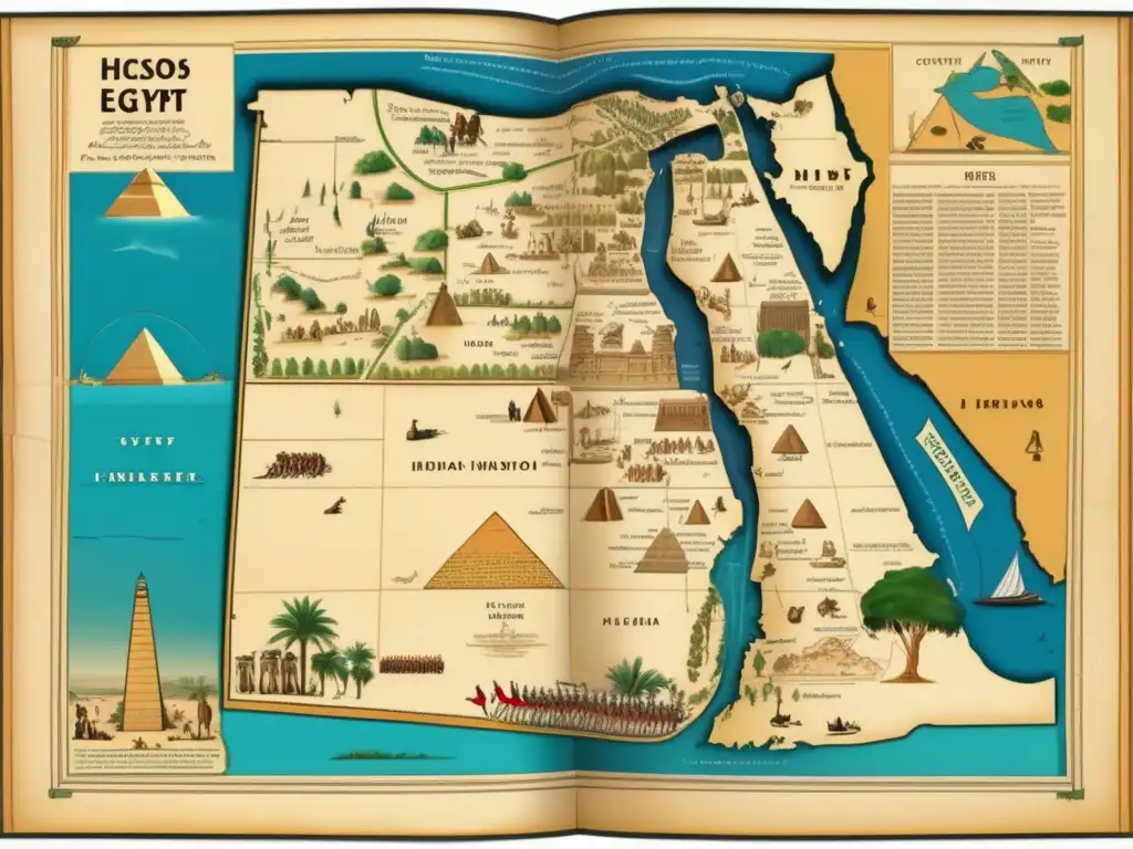 Un mapa antiguo detallado de Egipto durante la invasión de los Hicsos en el Imperio Medio