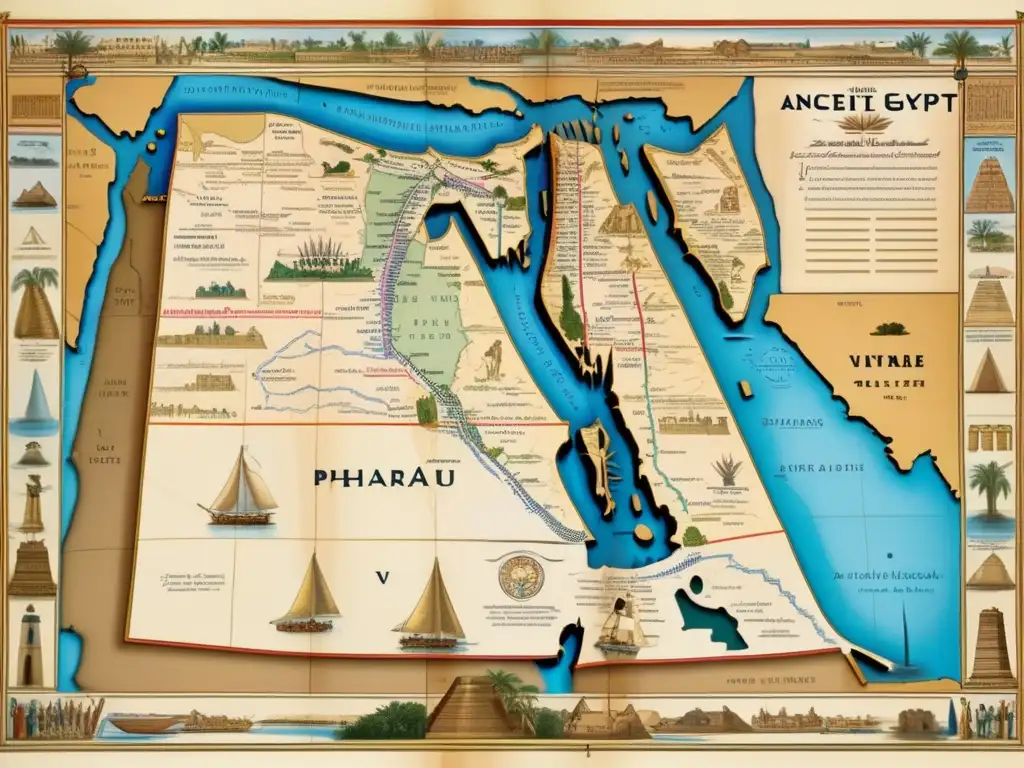 Un mapa antiguo y detallado de Egipto con tonos sepia, resaltando el río Nilo y sus territorios