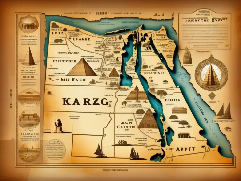 Un mapa antiguo de Egipto faraónico, detallado y vintage, muestra el río Nilo serpenteando por el paisaje desértico, junto a los icónicos monumentos como las pirámides de Giza, la Esfinge, el Valle de los Reyes y el Templo de Karnak