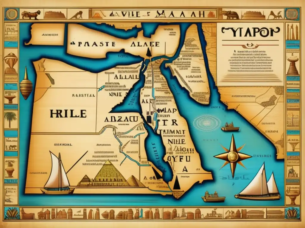 Un mapa antiguo de Egipto faraónico se despliega ante los ojos del espectador, detallado y con estilo vintage