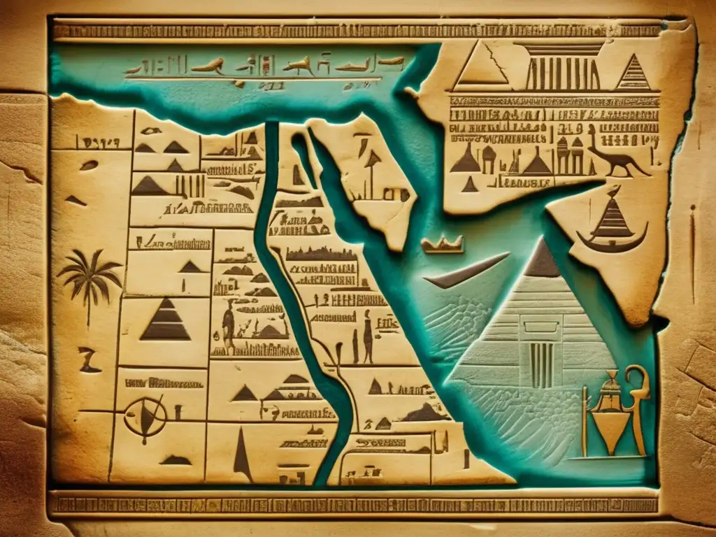 Un mapa antiguo de Egipto faraónico tallado en una tabla de piedra desgastada, detallado y lleno de historia
