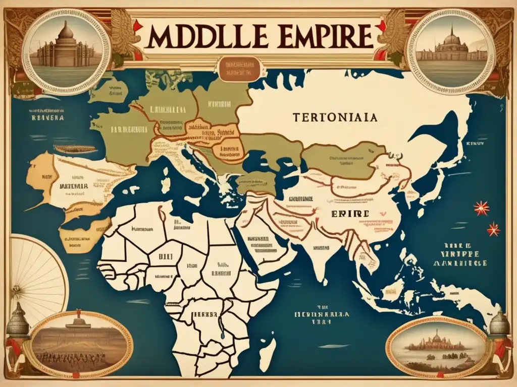 Mapa antiguo del Imperio Medio con conquistas y colonias, mostrando detalles históricos y una estética envejecida
