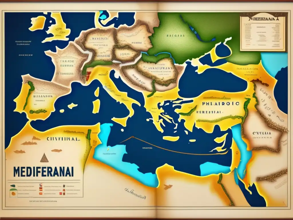 Mapa antiguo del Mar Mediterráneo que muestra las alianzas del Antiguo Egipto con otras civilizaciones