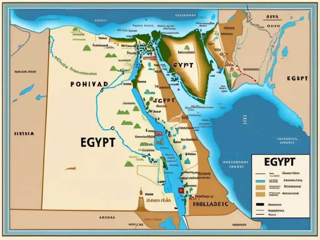 Mapa antiguo de Egipto en el periodo dinástico, con detalles intrincados y colores cálidos