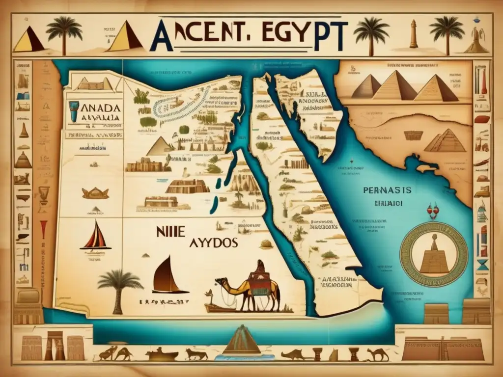 Mapa antiguo de Egipto en el Periodo Predinástico, con el río Nilo serpenteando por el desierto y símbolos e jeroglíficos alrededor