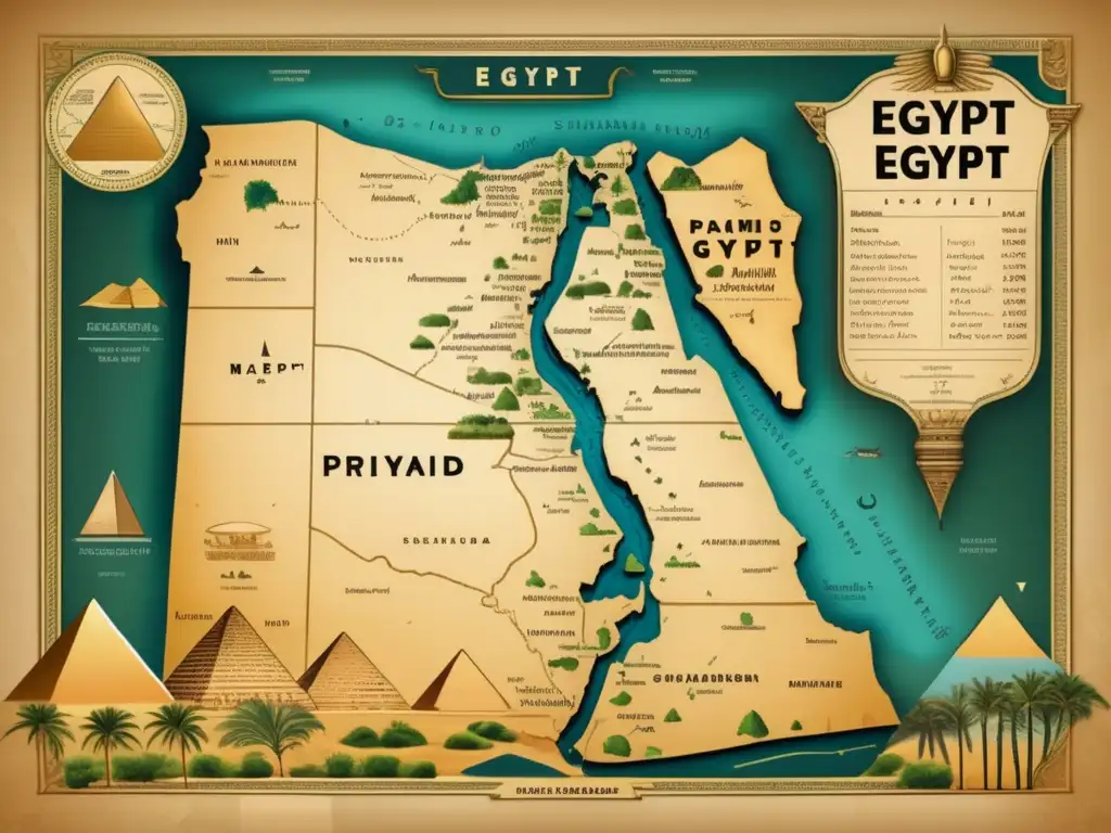 Mapa antiguo de Egipto con pirámides detalladas