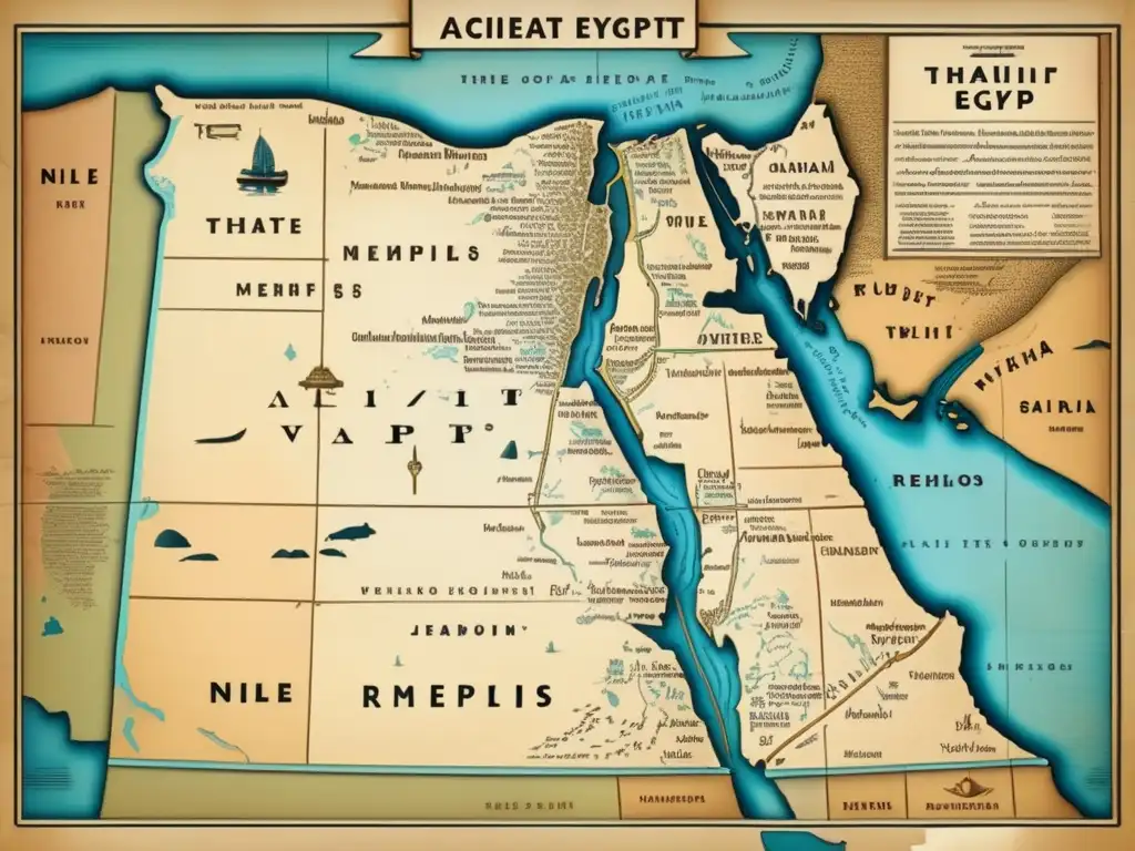 Un mapa antiguo de Egipto muestra el Río Nilo y sus regiones circundantes