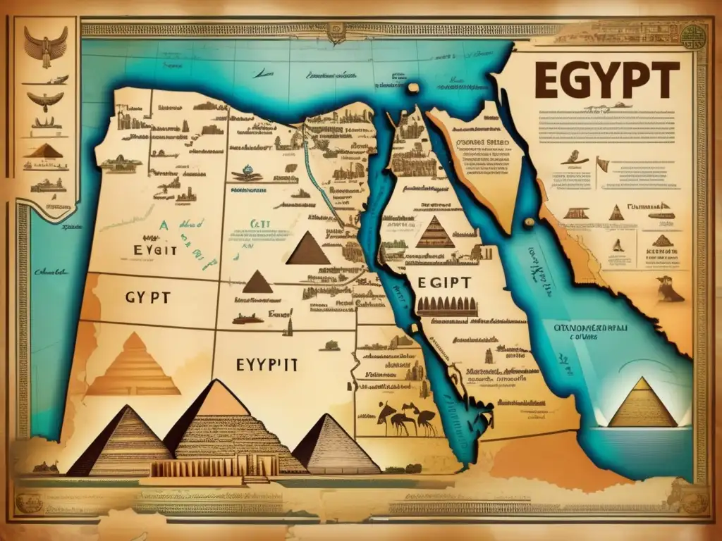 Un mapa antiguo de Egipto muestra sitios arqueológicos y monumentos emblemáticos con colores desgastados y bordes desgastados