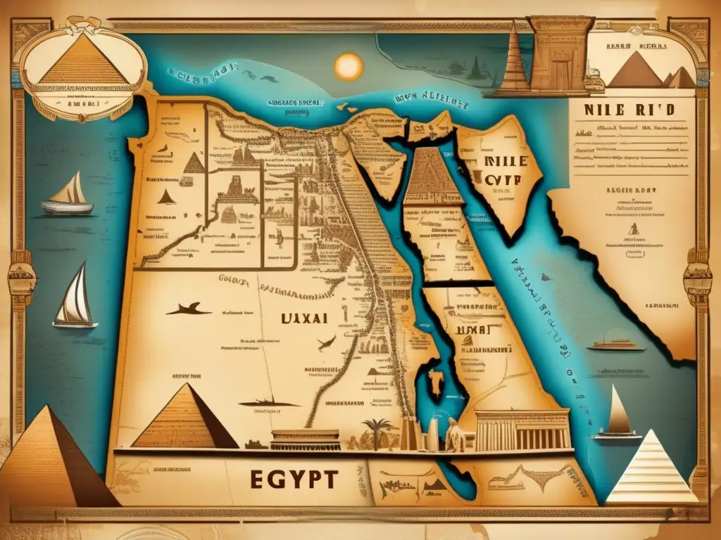 Mapa antiguo de Egipto faraónico: un tesoro ilustrado con tonos sepia y marrones, que muestra el río Nilo serpenteando por un paisaje desértico