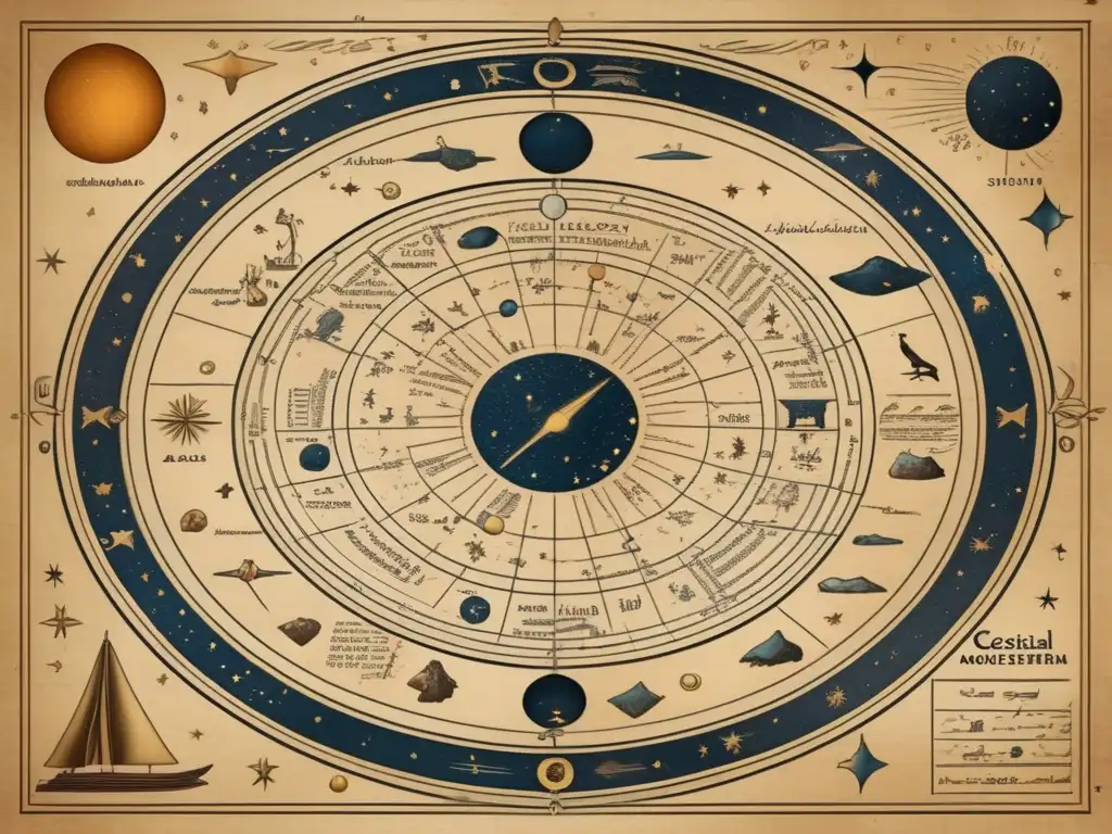 Un mapa celestial egipcio antiguo detallado con ilustraciones de constelaciones, símbolos astrológicos y nombres