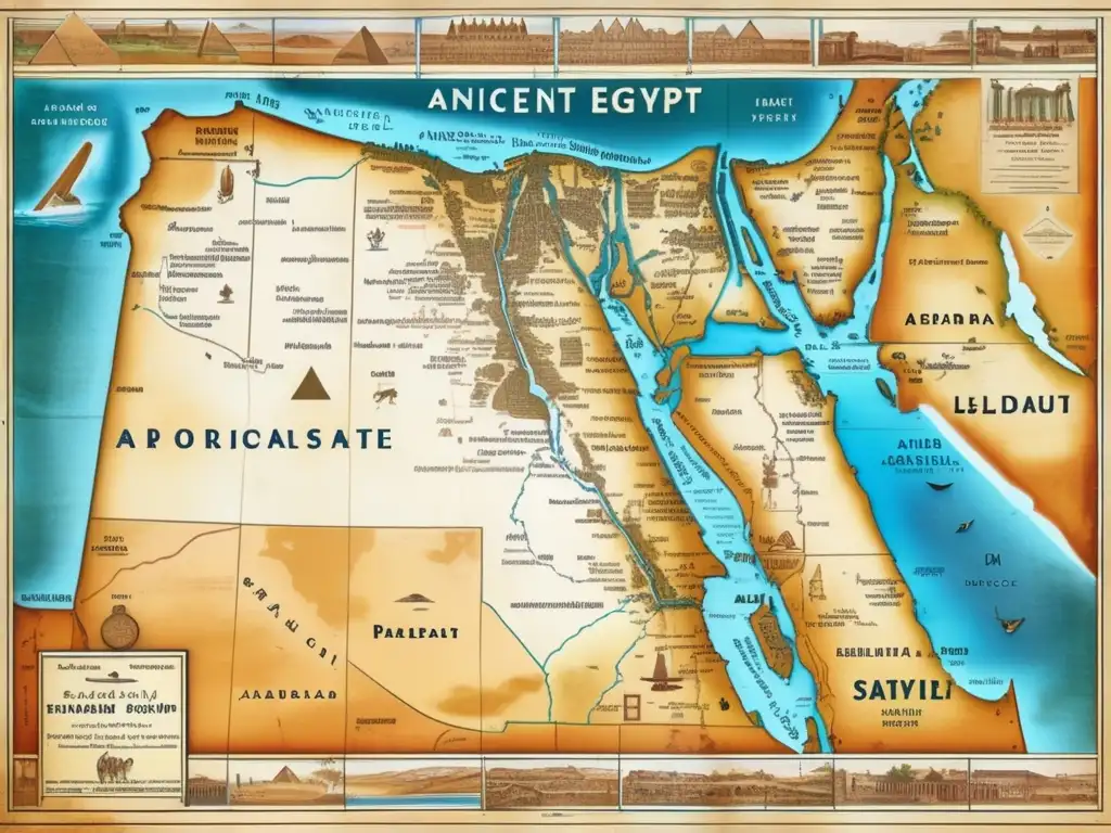 Un mapa arqueológico detallado del antiguo Egipto durante el Periodo Predinástico, con ilustraciones delicadas y un aspecto auténticamente vintage