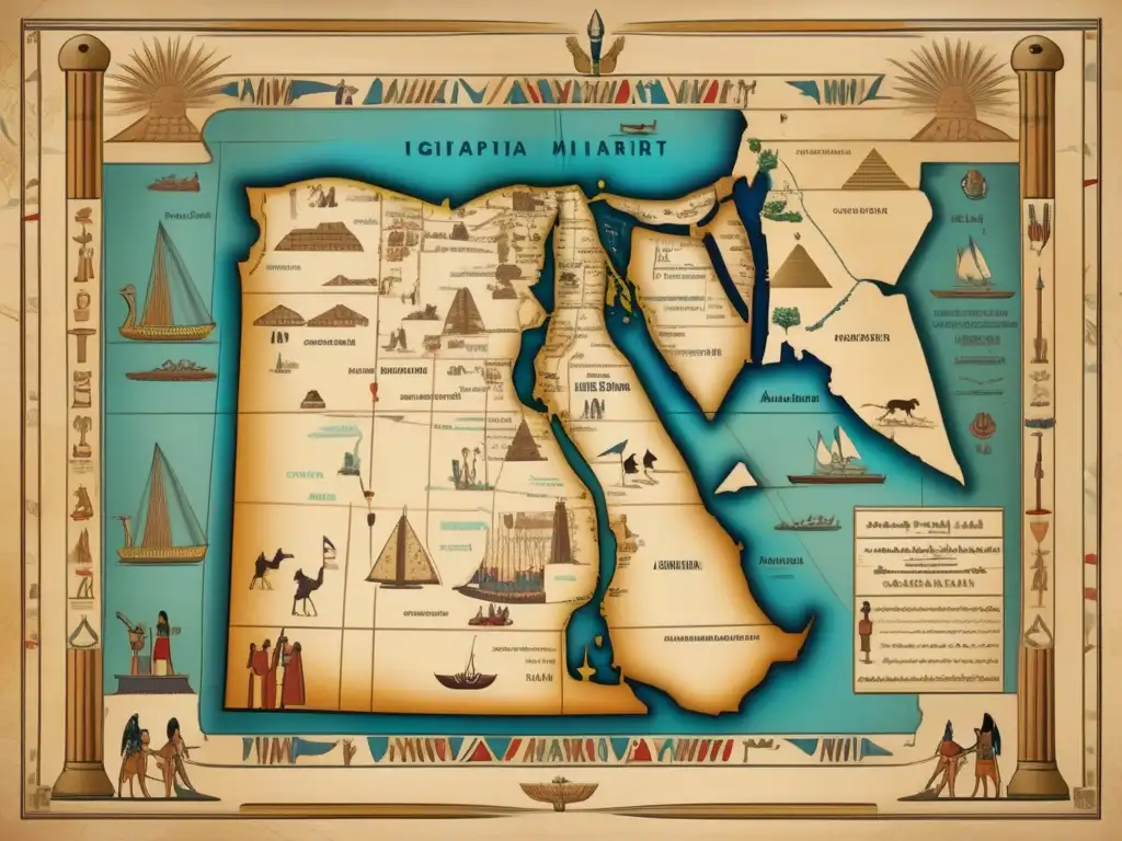 Mapa militar antiguo de Egipto con ilustraciones detalladas de guerreros y carros