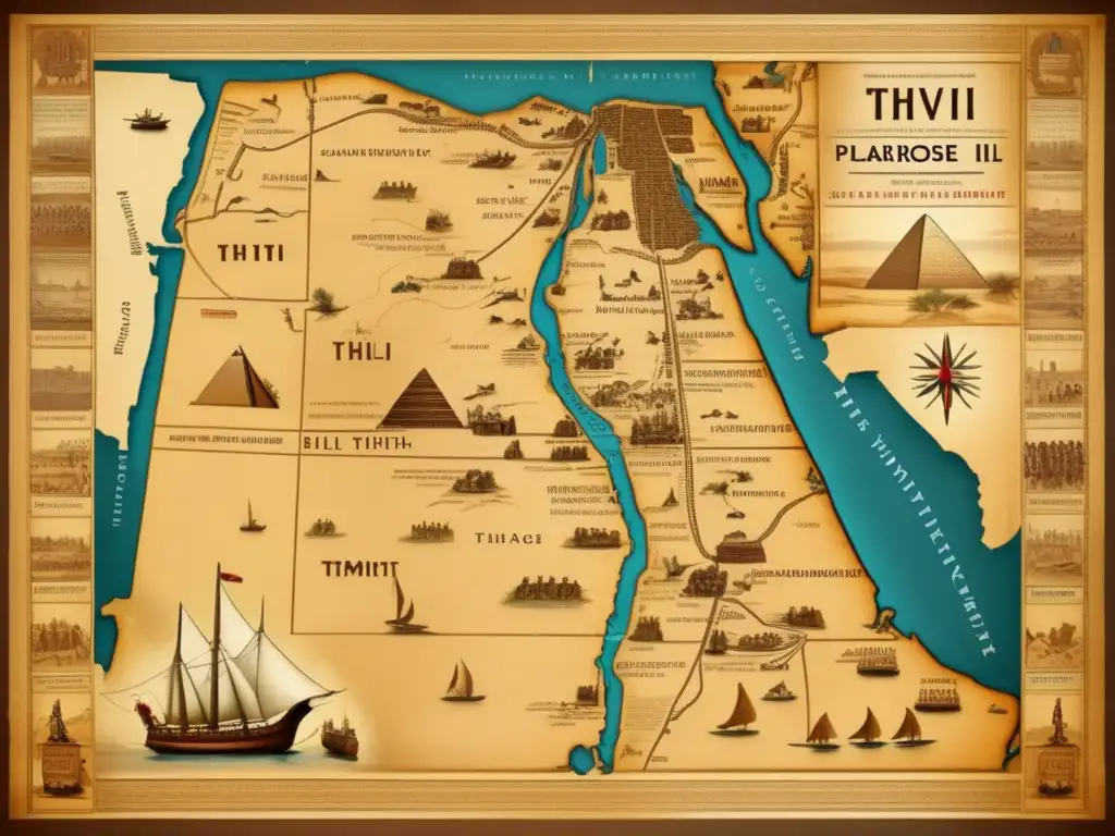 Mapa vintage de las Campañas militares del faraón Thutmose III en el antiguo Egipto
