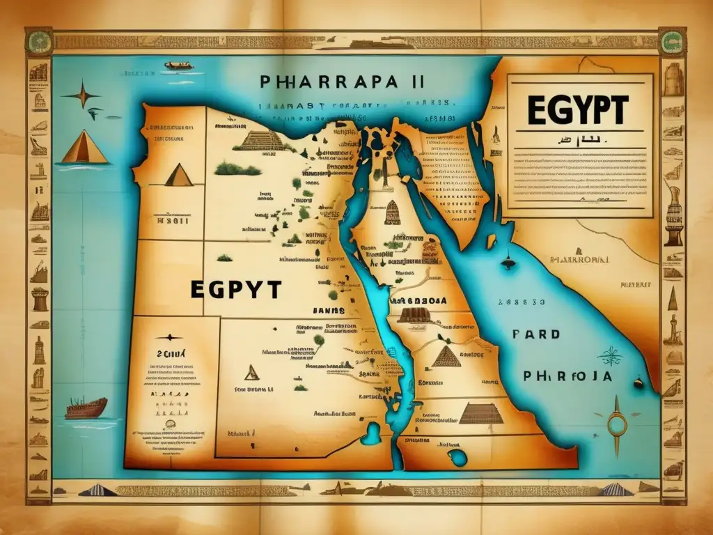 Un mapa vintage de Egipto, envejecido y desgastado, muestra los sitios arqueológicos y monumentos de la búsqueda de tumbas faraones de la Dinastía 0