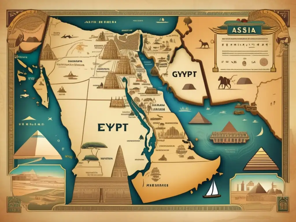 Mapa vintage del Imperio Egipcio en Asia, con símbolos antiguos y colores desvanecidos, evocando el control territorial del Imperio Egipcio en Asia