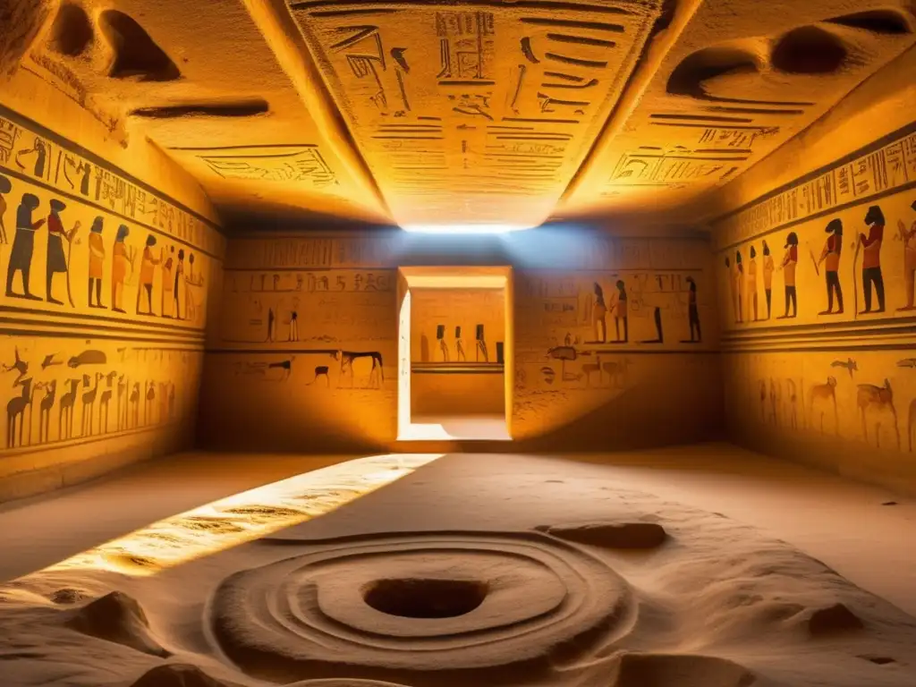 Maravillosa arquitectura subterránea en el Valle de los Reyes de Egipto, con intrincadas carvings y rayos de sol dorado