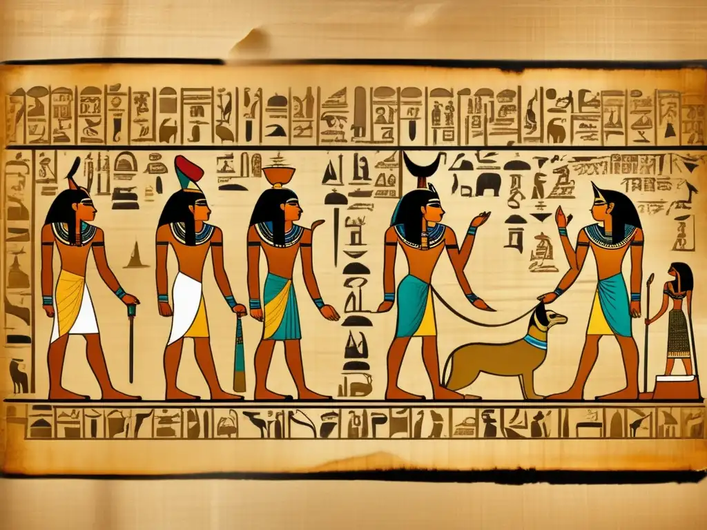 Maravillosa caligrafía y pintura egipcia antigua en un papiro desplegado, evocando la riqueza cultural y mitológica del antiguo Egipto