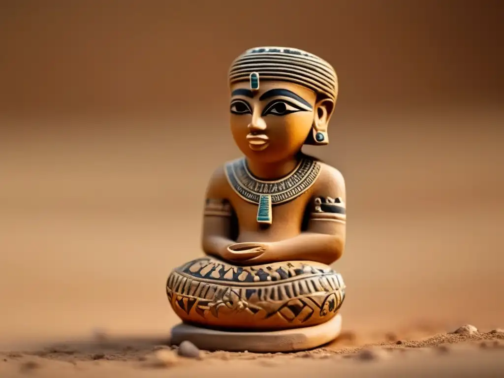 Maravillosa figura de barro del arte Predinástico en Egipto, con detalles exquisitos y colores terrosos