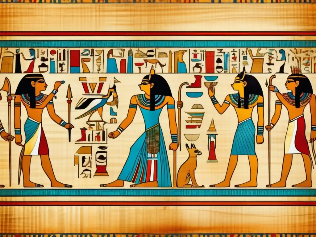 Maravillosa imagen de un antiguo papiro egipcio desenrollado, con inscripciones jeroglíficas preservadas y hermosas ilustraciones de dioses y faraones