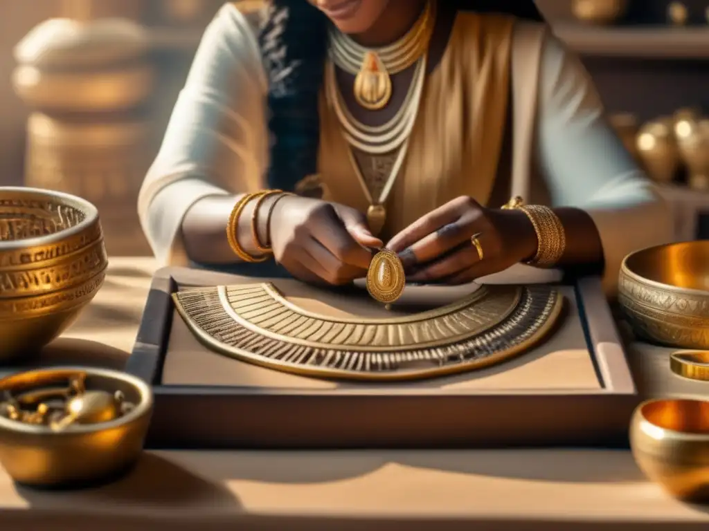 Maravillosa imagen estilo vintage que muestra el proceso intricado de la joyería del antiguo Egipto