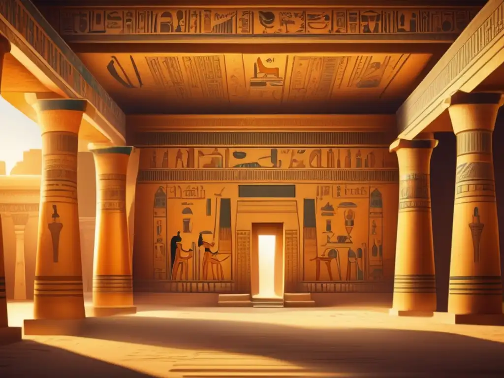Maravillosa imagen del interior de un antiguo templo egipcio, iluminado por una cálida luz dorada