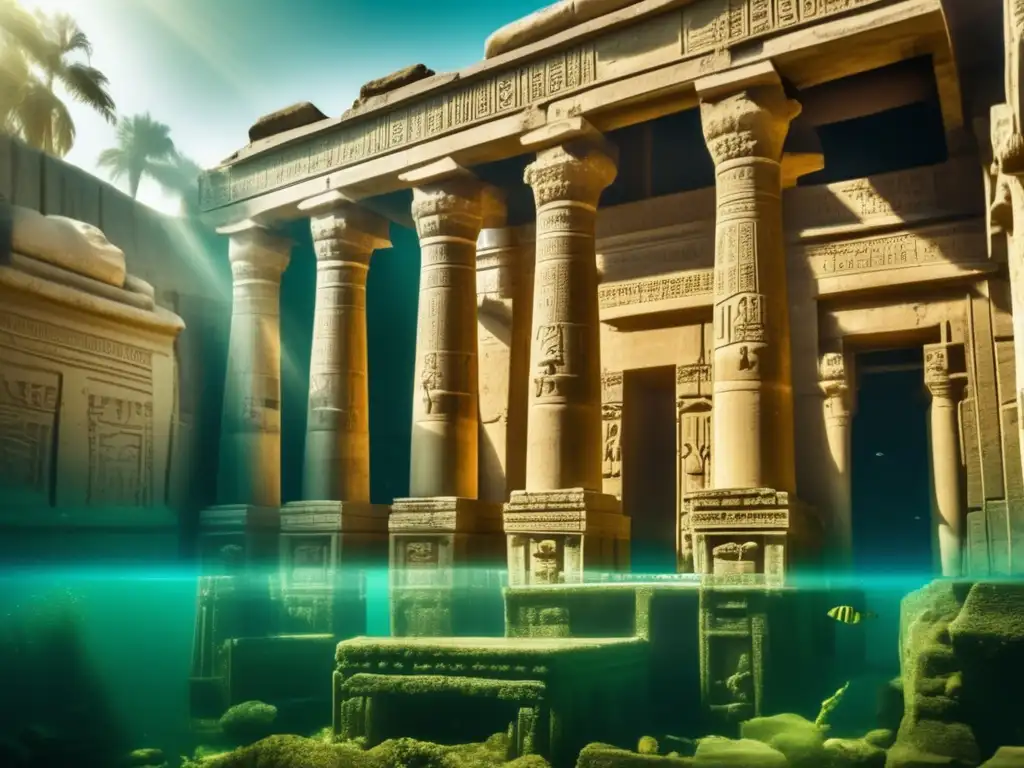 Maravillosa imagen vintage que muestra la exploración subacuática de un templo sumergido en el Delta del Nilo