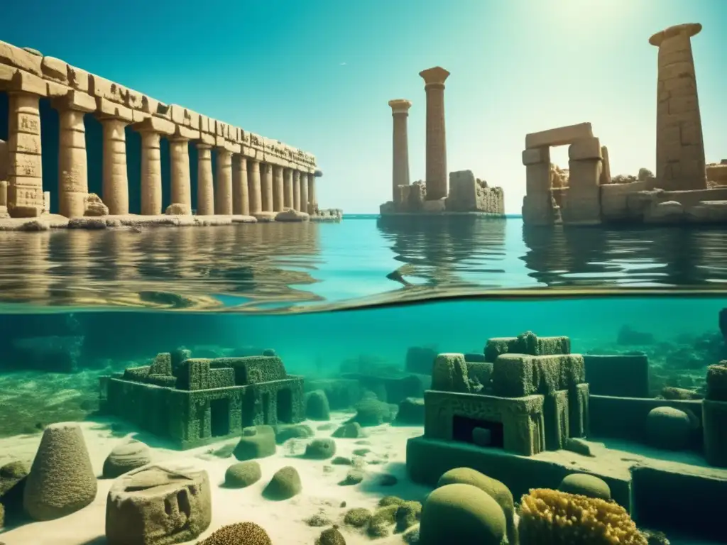 Maravillosas ruinas del templo y edificios de la ciudad hundida de Heracleion