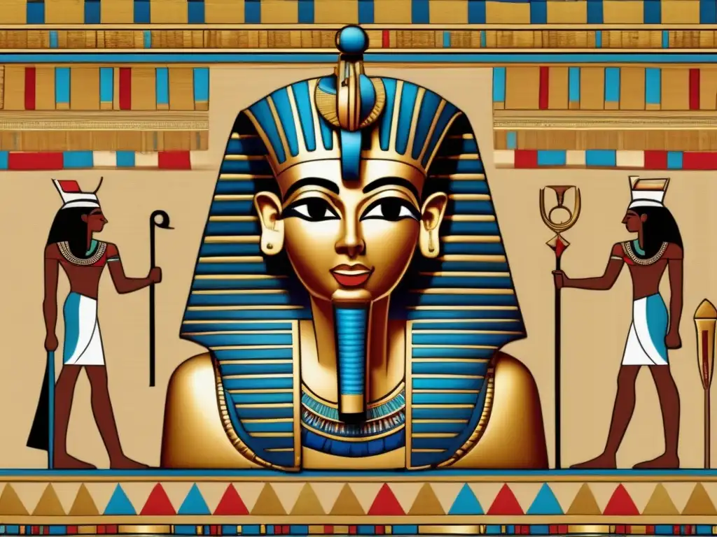 Maravilloso tejido egipcio antiguo con bordados y tejidos de alta calidad en tonos dorados, rojos y azules