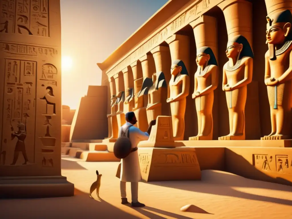 Maravilloso templo egipcio preservado con detalle, adornado con jeroglíficos y bañado en cálida luz dorada