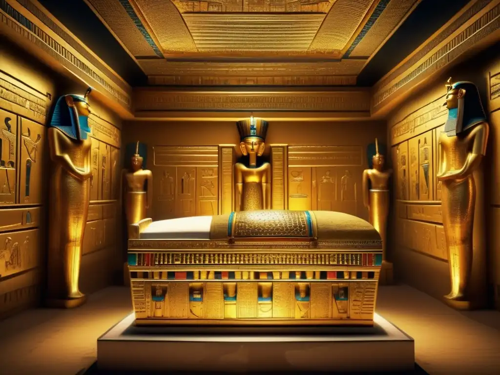 Maravillosos hallazgos en la tumba de Tutankamón: tesoros dorados, sarcófago magnífico y joyas ancestrales en un ambiente misterioso y fascinante