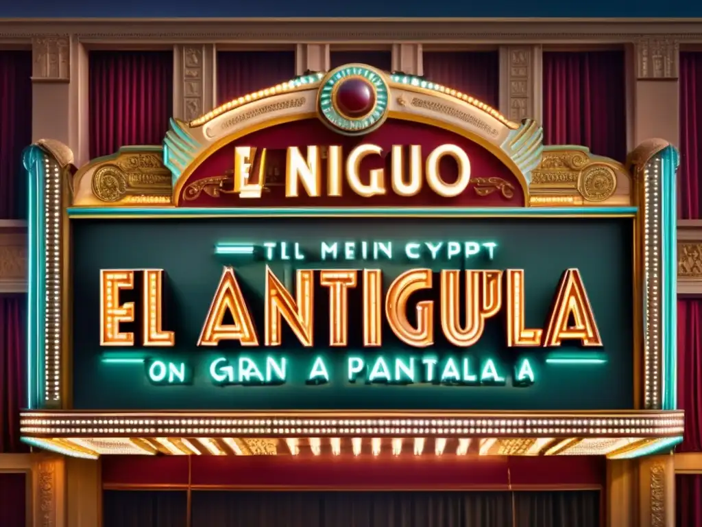 Un marquesina de cine antiguo detallada, con el título 'El Antiguo Egipto en la gran pantalla' en letras elegantes