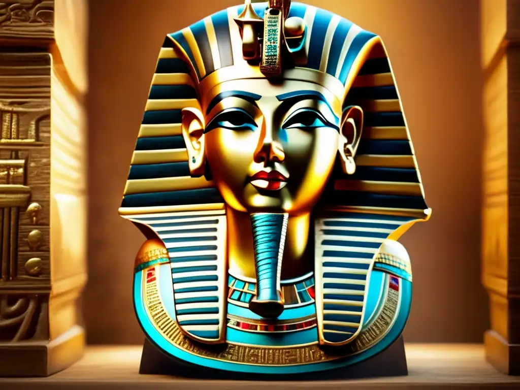 La máscara dorada de Tutankamón, con jeroglíficos y gemas brillantes, reposa en un pedestal de madera