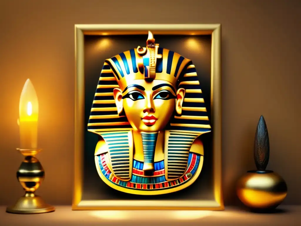 La máscara fúnebre dorada de Tutankamón brilla con esplendor real, rodeada de jeroglíficos y motivos egipcios
