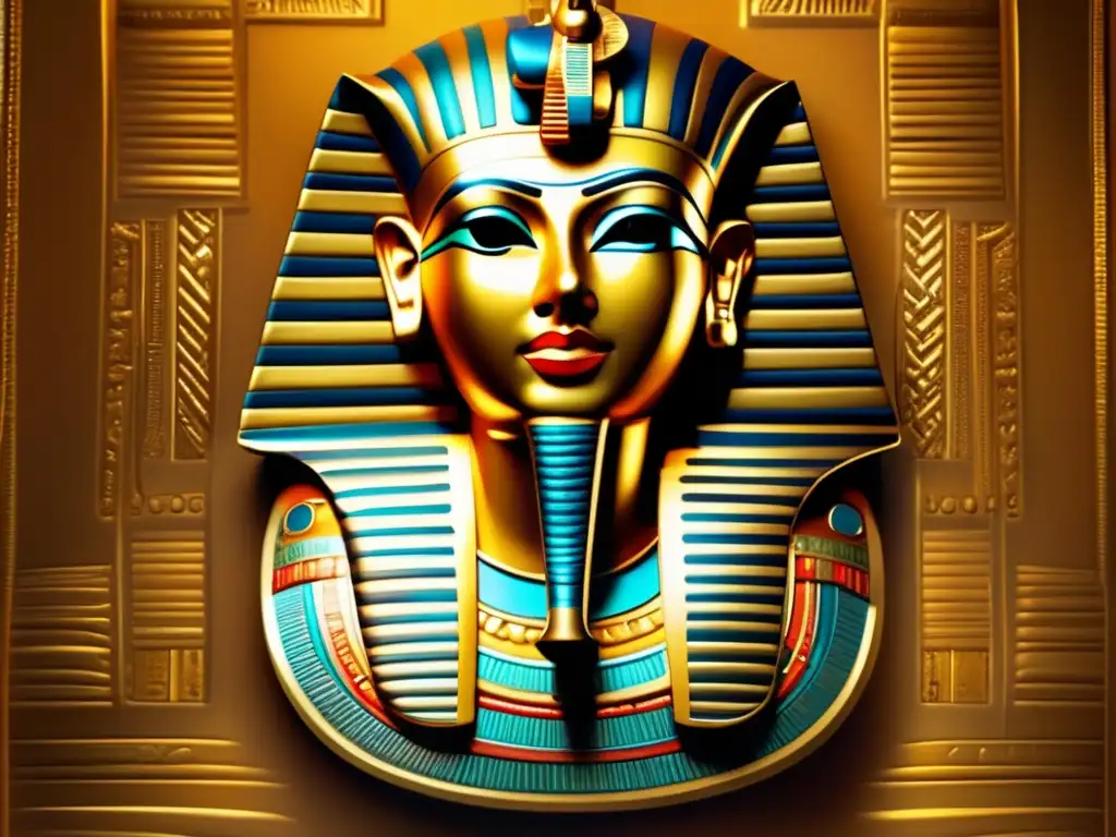 Máscara dorada de Tutankamón, iluminada en un suave resplandor, resalta la belleza y artesanía de Egipto antiguo