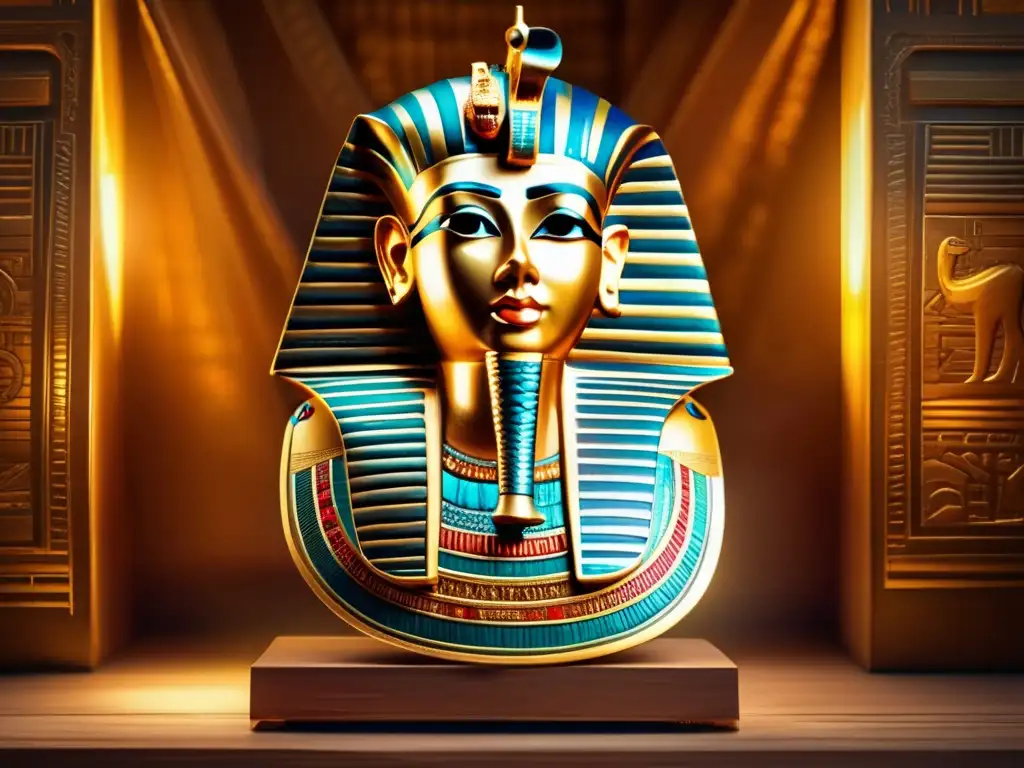 La máscara dorada de Tutankamón brilla en una sala antigua, rodeada de tesoros y con una luz cálida