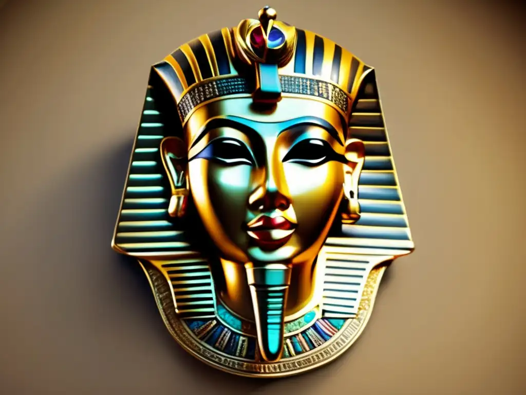 Una máscara egipcia dorada detallada, con incrustaciones de gemas preciosas y grabados intrincados