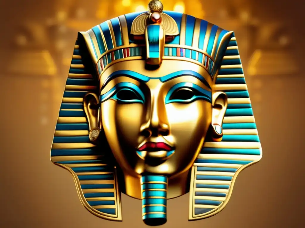 Una máscara funeraria del Antiguo Egipto, en dorado, detallada y vintage, con grabados jeroglíficos y joyas preciosas
