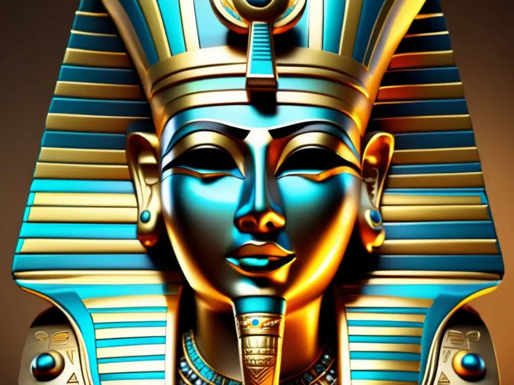 Máscara funeraria del Antiguo Egipto: una joya dorada adornada con jeroglíficos y gemas preciosas
