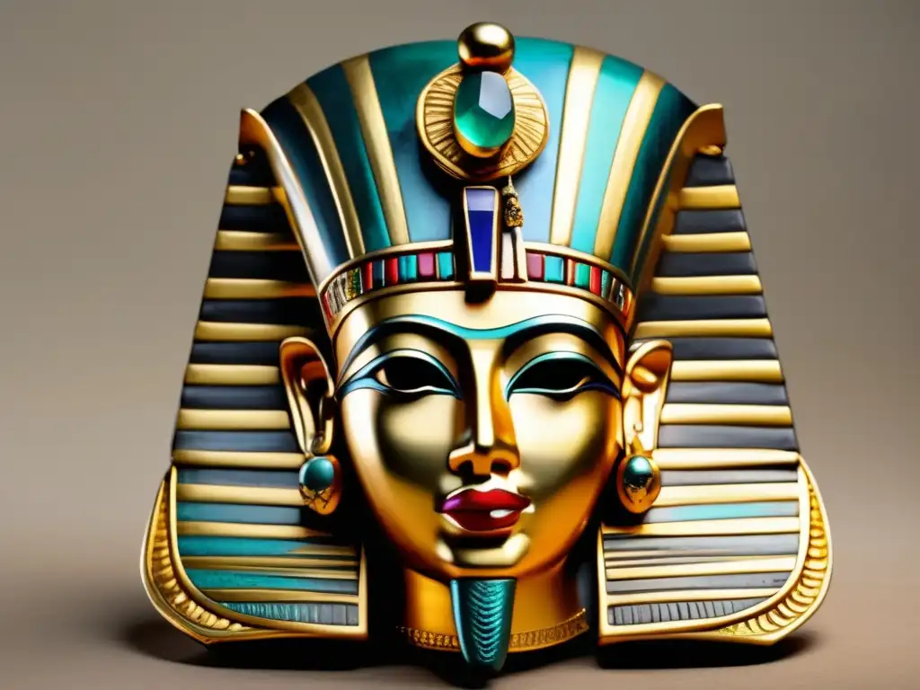 Máscara funeraria del Antiguo Egipto: una obra de arte dorada y detallada que evoca la opulencia y el misterio de una antigua civilización