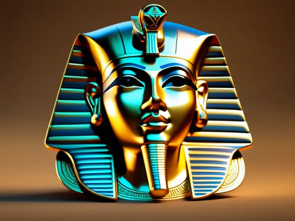Una máscara funeraria dorada de un faraón egipcio, muestra la maestría de los orfebres y el uso de metales preciosos en Egipto