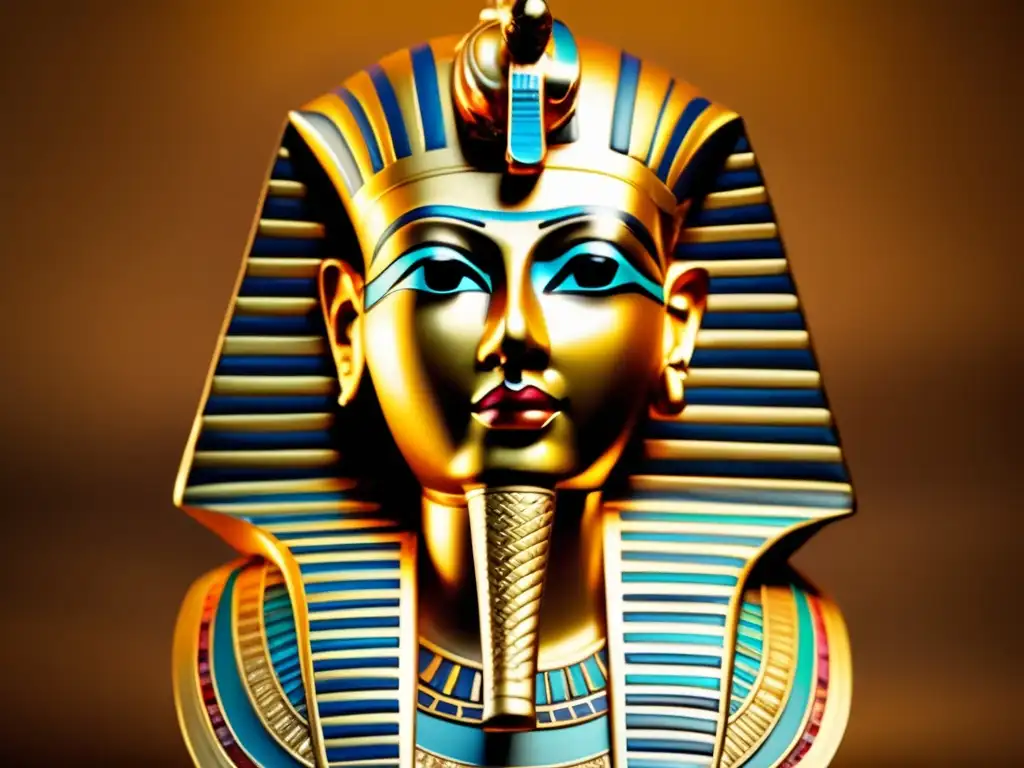 La máscara funeraria dorada de Tutankamón brilla en una iluminación suave y cálida