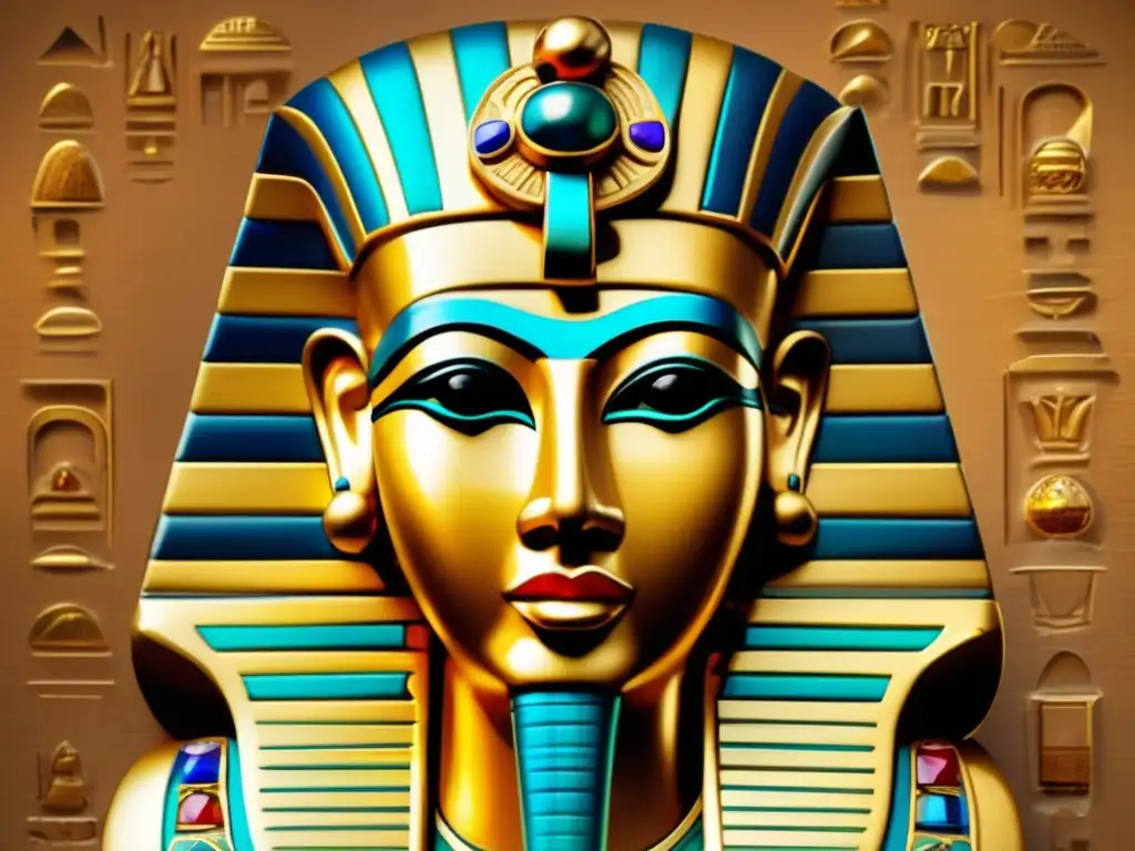 Una máscara funeraria egipcia antigua de oro y gemas preciosas, bellamente tallada y llena de significado