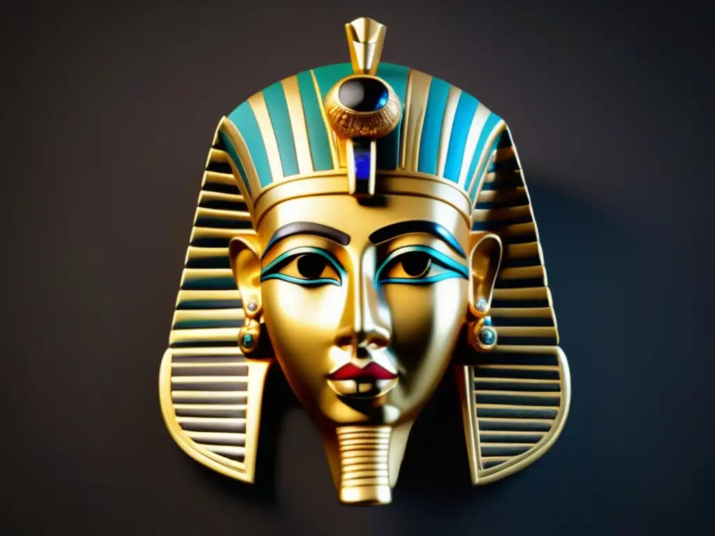 Una máscara funeraria egipcia antigua, detallada y dorada, con gemas preciosas, se muestra en un fondo oscuro