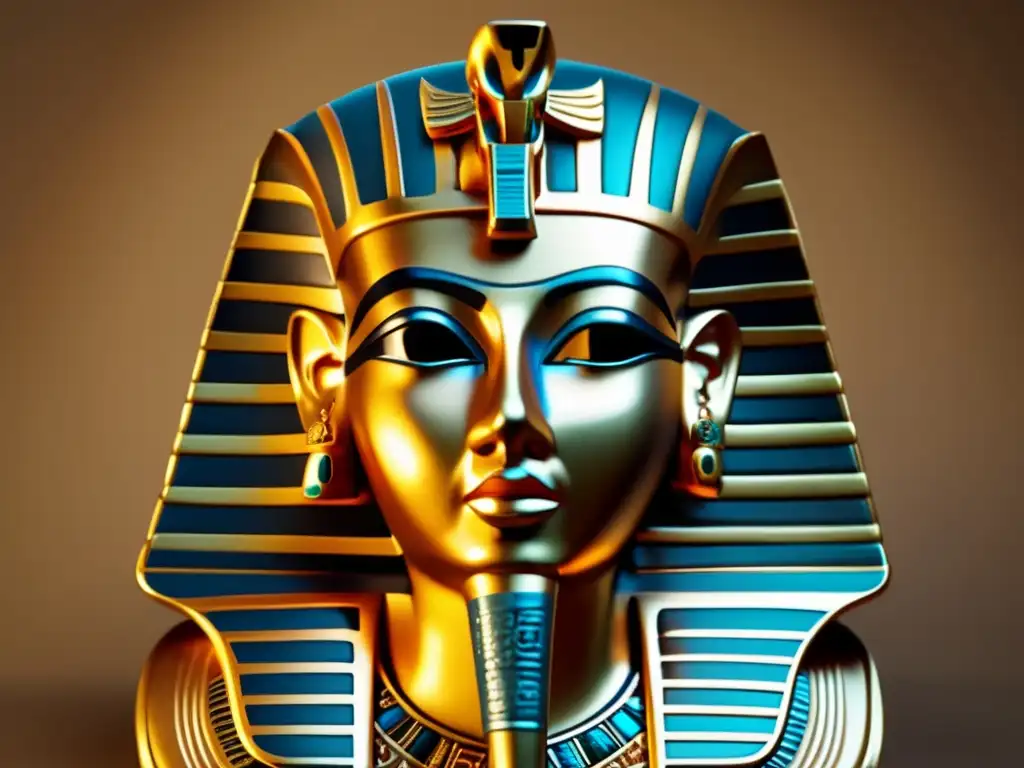 Máscara funeraria egipcia: detalle ultradetallado de una máscara antigua con jeroglíficos intrincados y elegantes acentos dorados