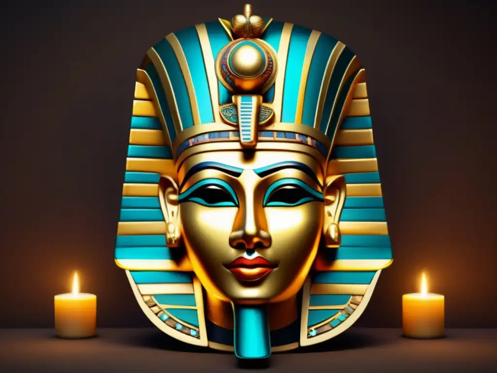 Máscara funeraria egipcia de detalle ultradetallado en 8k, con colores vibrantes y expresión regia