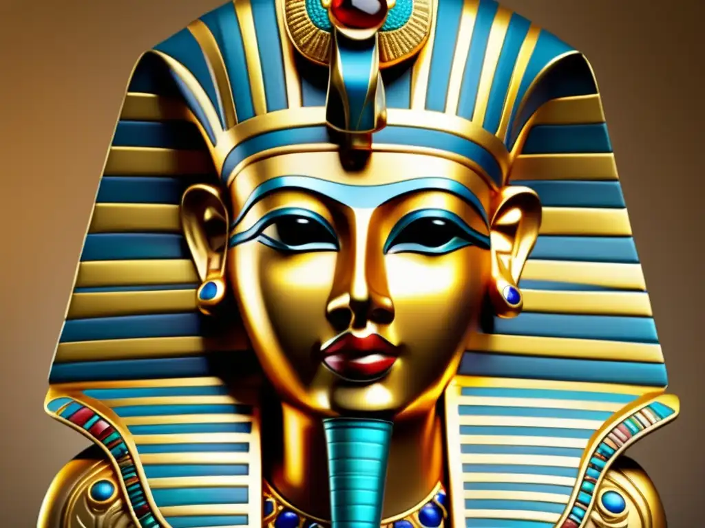 Una máscara funeraria egipcia dorada y detallada, con gemas preciosas