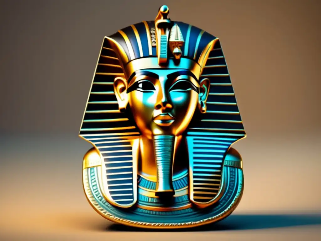 Una máscara funeraria egipcia de oro puro y engravings intrincados